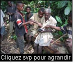 Un jeune homme Pygme Mbendjele explique  un homme plus g comment la communaut peut cartographier ses activits forestires  l’aide d’un logiciel bas sur la technologie GPS. (Photo : Anthroscape)